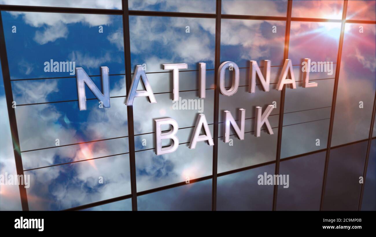 National Bank in un edificio di vetro. Cielo specchiato e facciata moderna della città. Illustrazione del rendering 3D del concetto di economia, business e finanza pubblica. Foto Stock