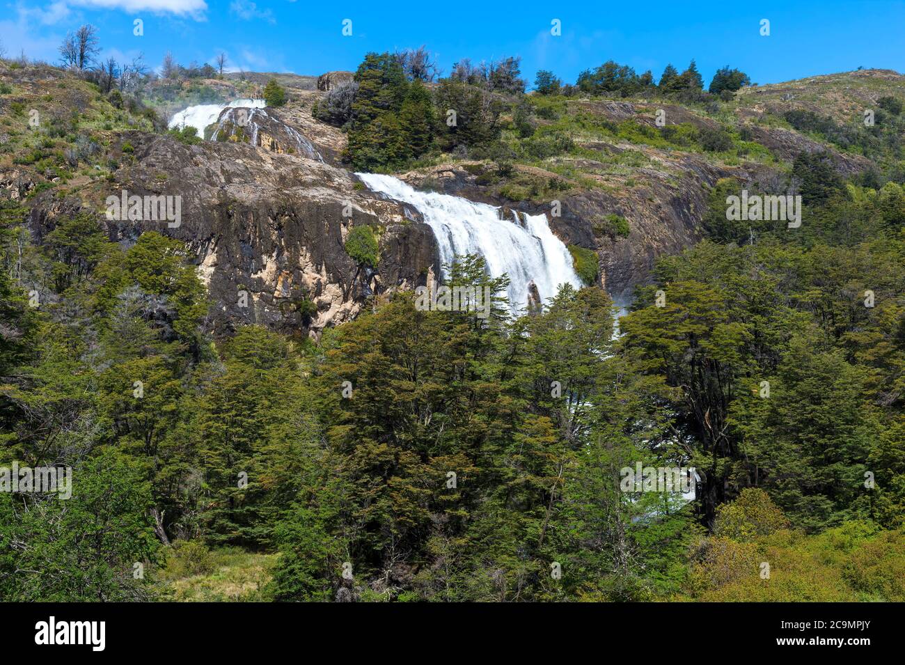 Cascate di El Maqui, Puerto Guadal, autostrada Panamericana, Regione di Aysen, Patagonia, Cile Foto Stock