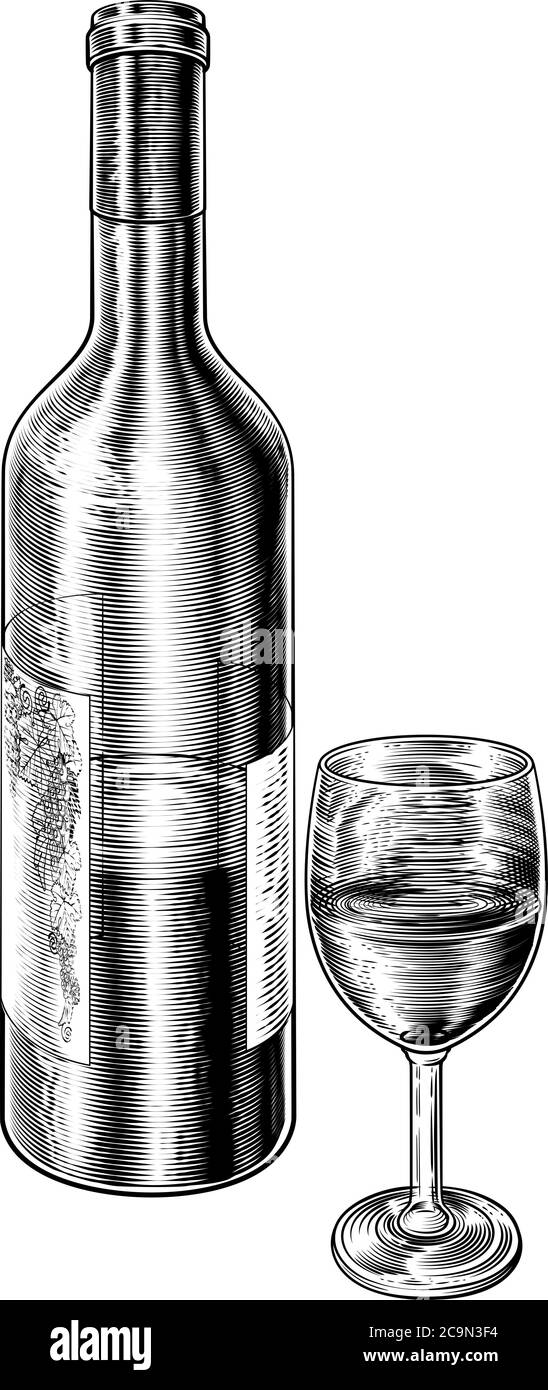 Bicchiere di vino e bottiglia incisione in legno d'epoca Illustrazione Vettoriale