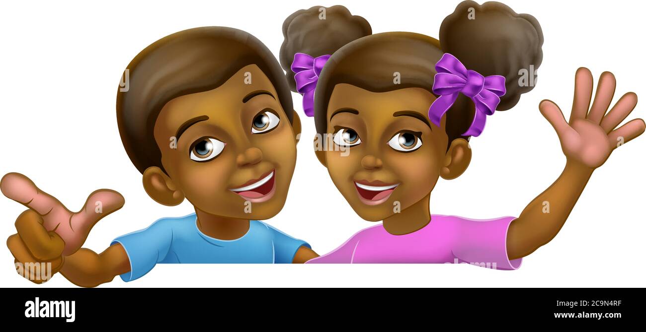 Black Girl e Boy Cartoon Bambini segno Illustrazione Vettoriale