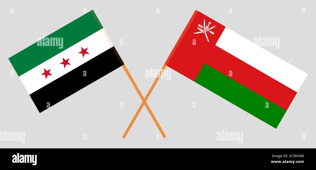 Bandiere incrociate dell'Oman e del governo ad interim della Siria. Colori ufficiali. Proporzione corretta. Illustrazione vettoriale Illustrazione Vettoriale