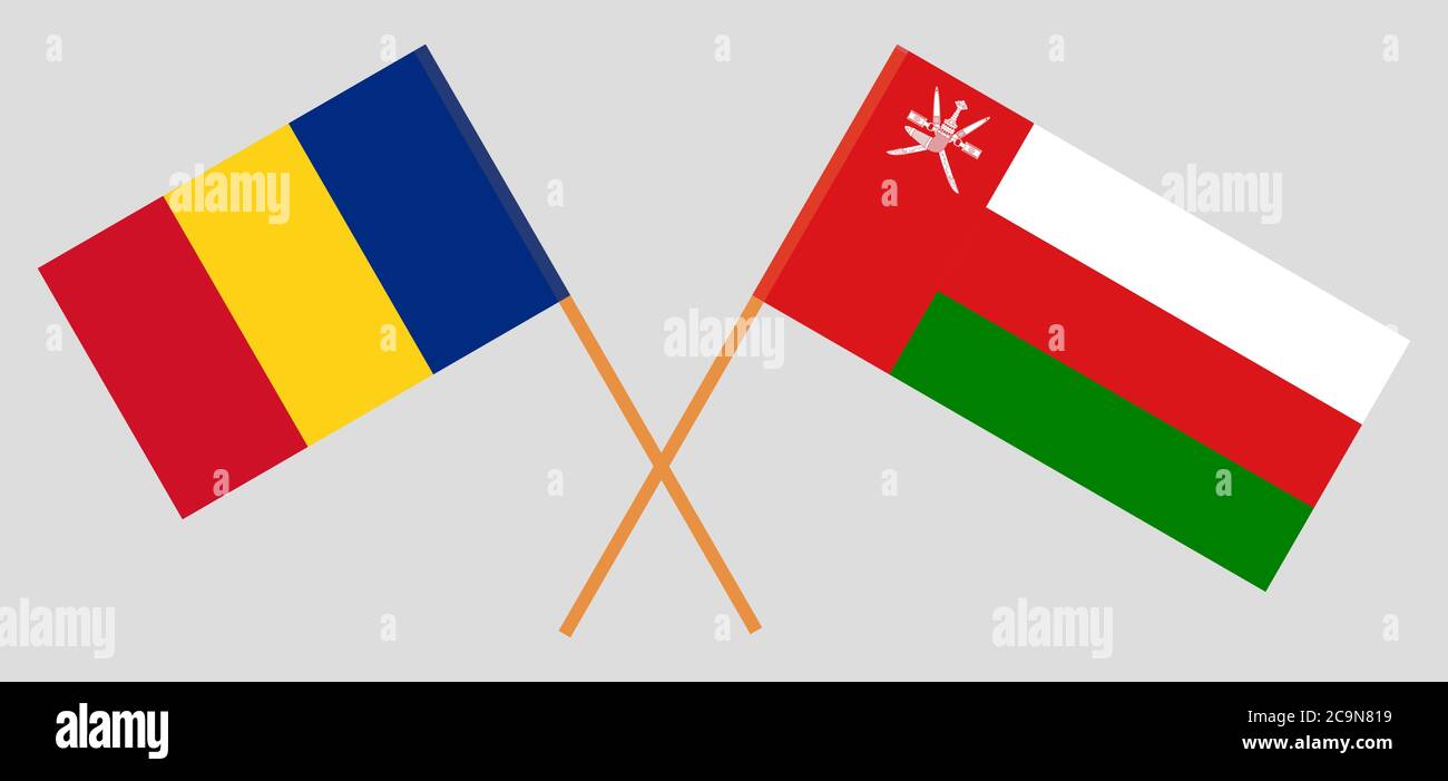 Bandiere incrociate di Oman e Romania. Colori ufficiali. Proporzione corretta. Illustrazione vettoriale Illustrazione Vettoriale