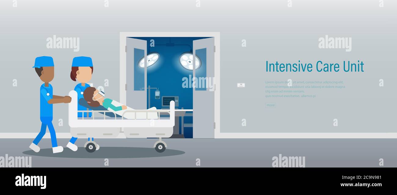 Banner unità di terapia intensiva con team di chirurgo e paziente in piano letto disegno vettoriale Illustrazione Vettoriale