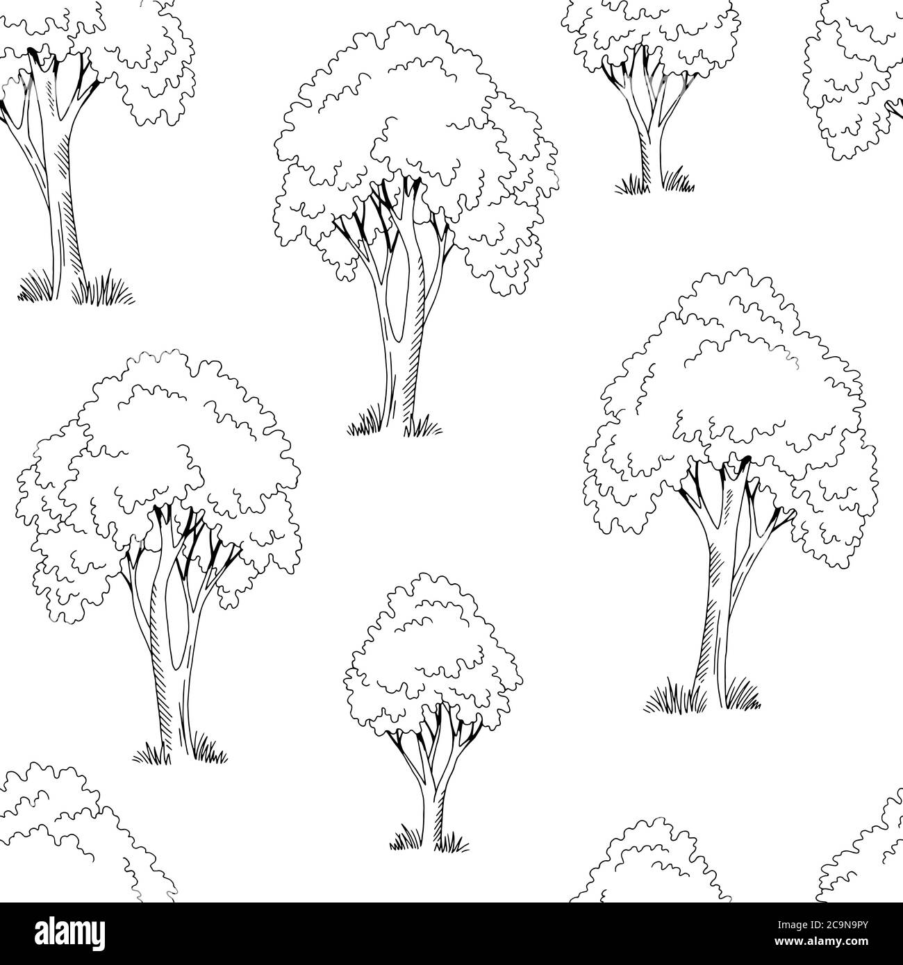 Grafico ad albero bianco nero motivo senza giunture sfondo illustrazione dello schizzo vettore Illustrazione Vettoriale