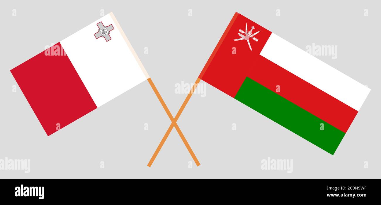 Bandiere incrociate di Oman e Malta. Colori ufficiali. Proporzione corretta. Illustrazione vettoriale Illustrazione Vettoriale