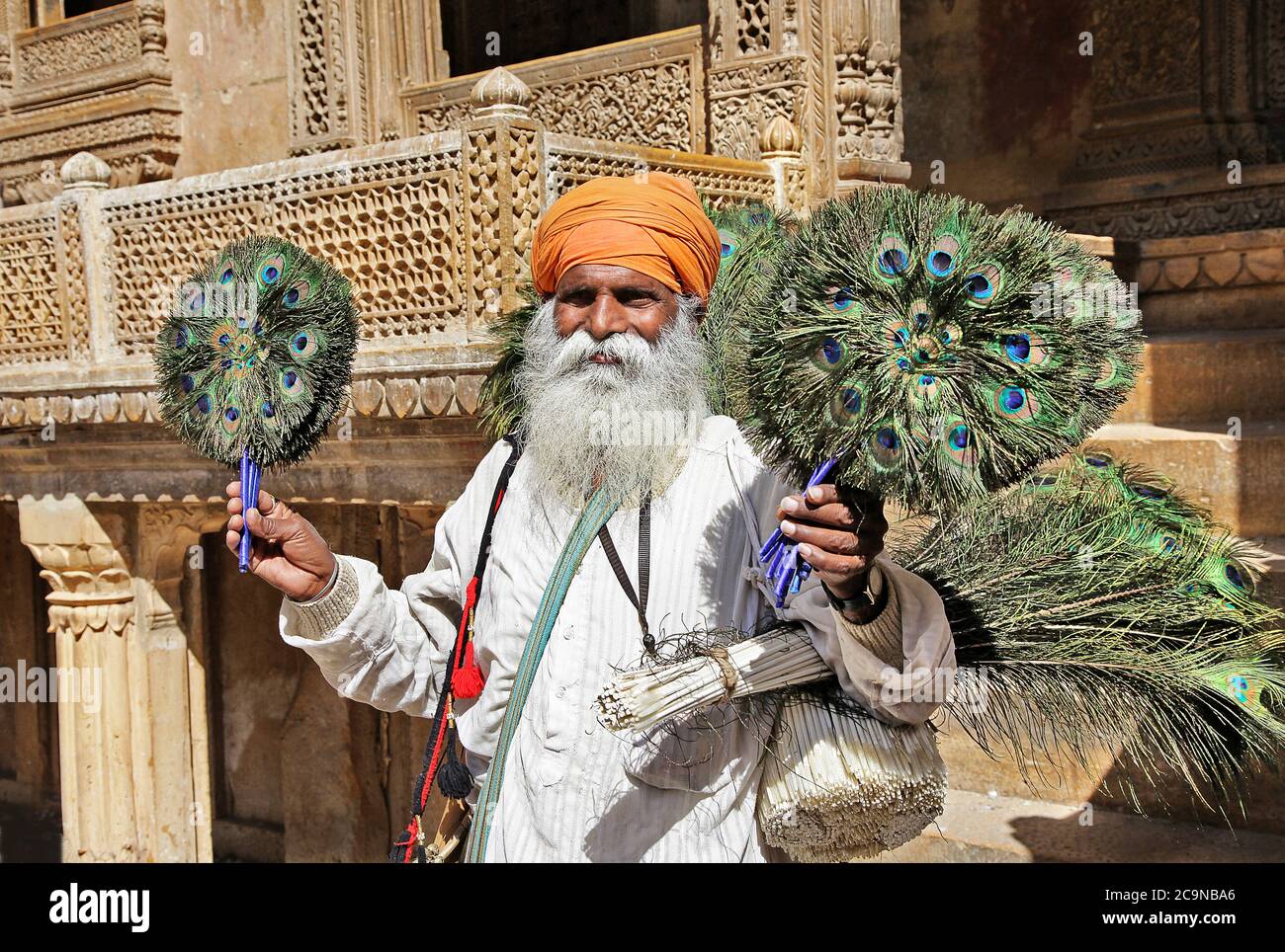 Città vecchia di Jaisalmer, vita quotidiana del popolo indiano. Vecchio uomo che vende piume di pavone. Feb 2013 Rajasthan, India Foto Stock