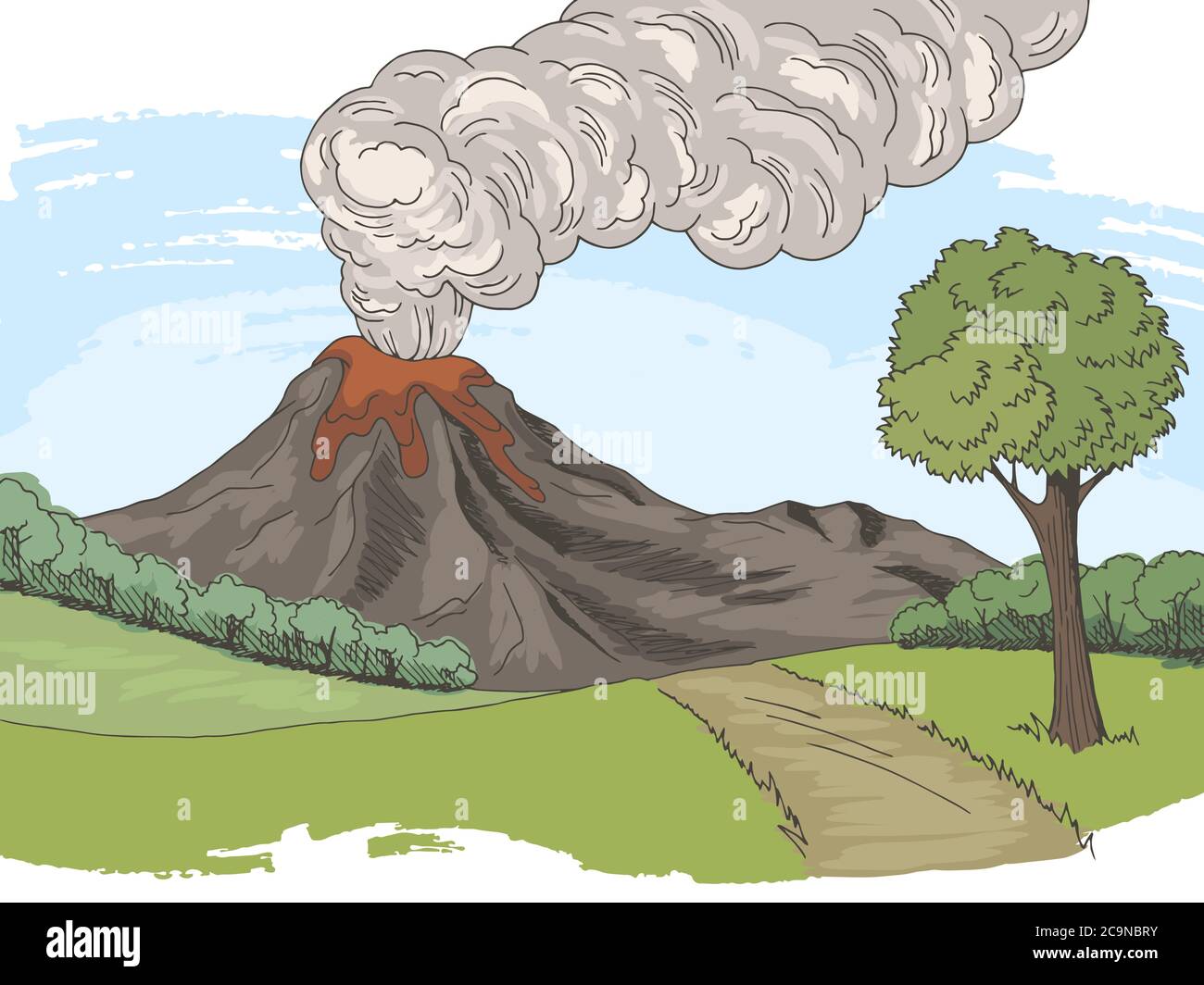 Vulcano montagna collina strada grafico colore schizzo paesaggio illustrazione vettore Illustrazione Vettoriale