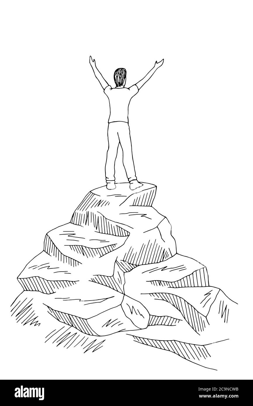 Uomo in piedi sulla cima scogliera montagna grafica nero bianco schizzo illustrazione vettore Illustrazione Vettoriale