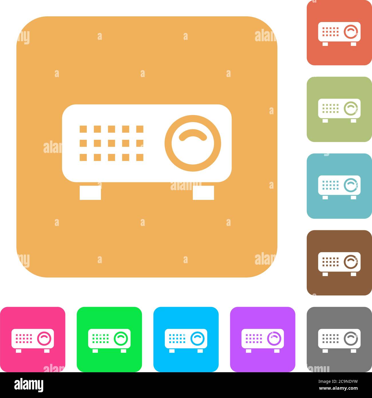 Icone piatte del proiettore video su sfondi quadrati arrotondati dai colori vivaci. Illustrazione Vettoriale