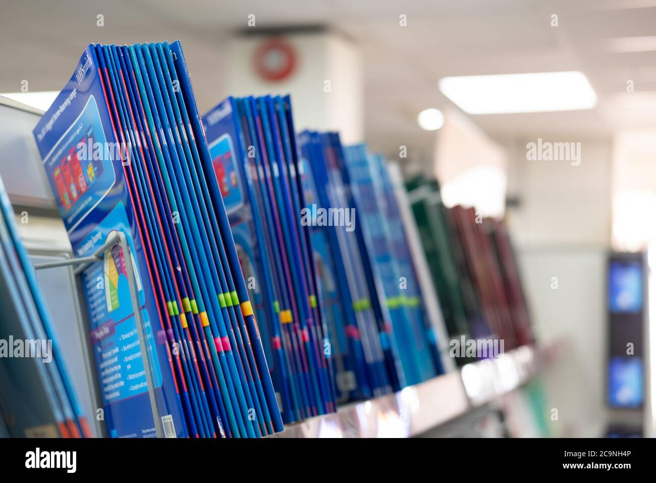 Ampia selezione di libri di revisione per studenti visti sullo scaffale superiore di un noto libro e stazionario store. I libri coprono la maggior parte degli argomenti per le scuole. Foto Stock