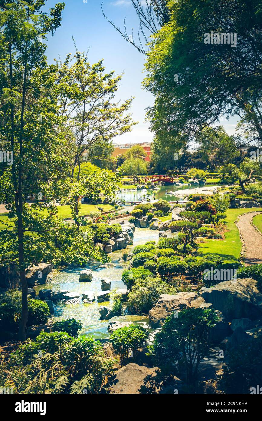 Bellissimo giardino giapponese con ruscello a la Serena, Cile Foto Stock