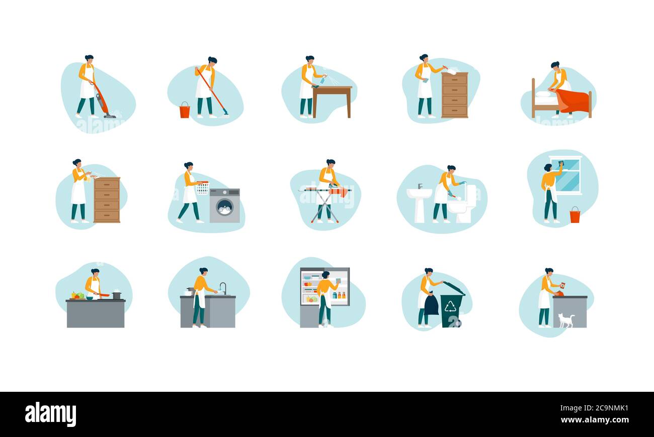 Donna che fa le faccende domestiche a casa: Sta ripulendo la casa, lavando i vestiti e riallestendo in su, concetto di stile di vita, insieme di icone Illustrazione Vettoriale