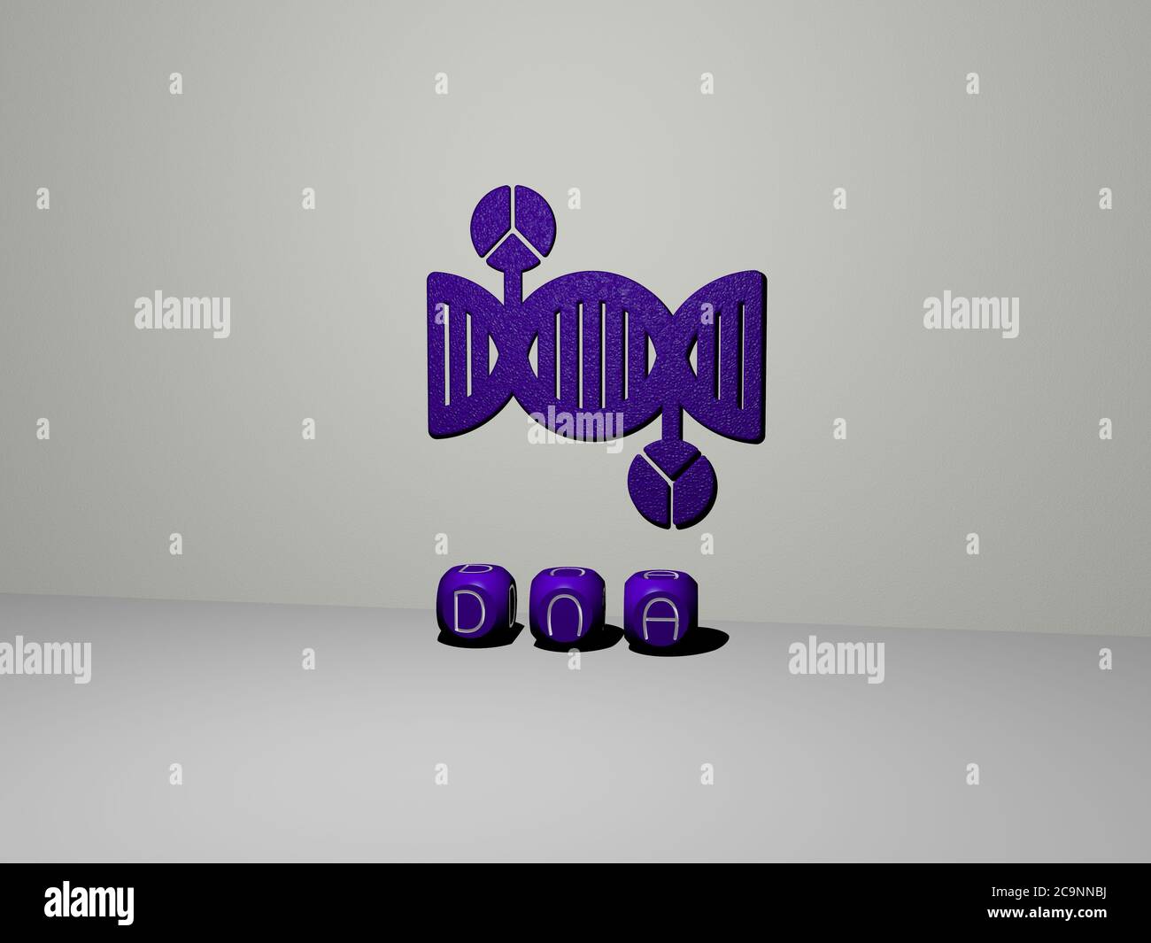 Illustrazione 3D della grafica del dna e del testo fatto da lettere metalliche dei dadi per i significati relativi del concetto e delle presentazioni. Sfondo e biologia Foto Stock