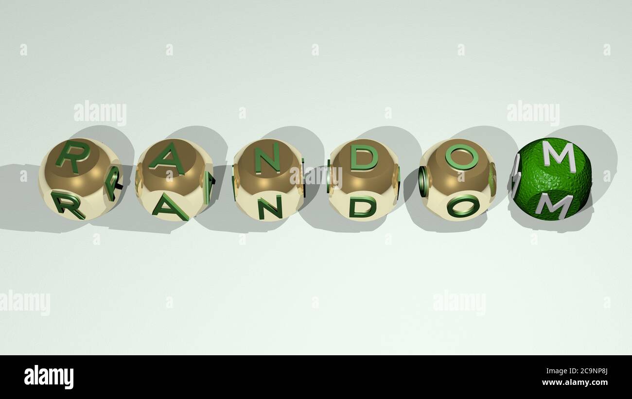 CASUALE combinato da lettere di dadi e colore che incrocia per i significati relativi del concetto. Sfondo e illustrazione. Illustrazione 3D Foto Stock