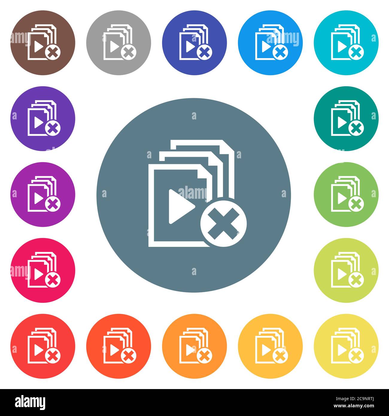 Consente di annullare le icone bianche piatte della playlist su sfondi rotondi. sono incluse 17 variazioni di colore di sfondo. Illustrazione Vettoriale