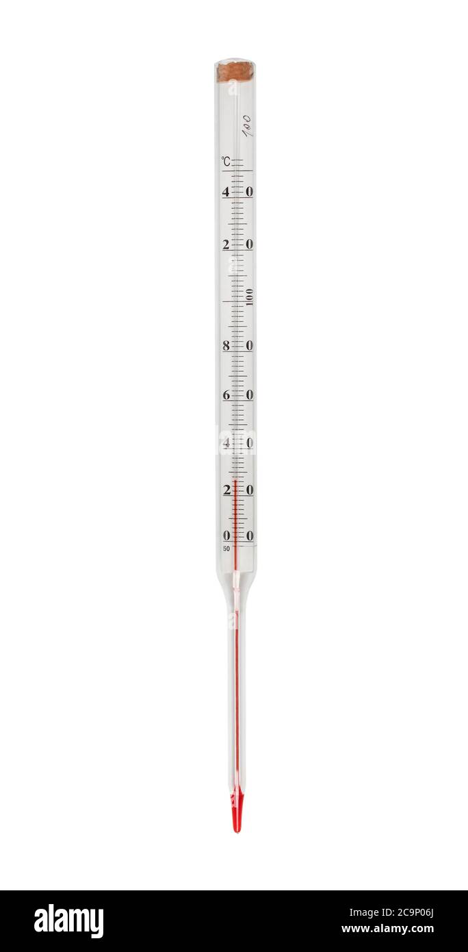 Termometro con scala superiore a cento gradi celsius isolato su sfondo bianco Foto Stock