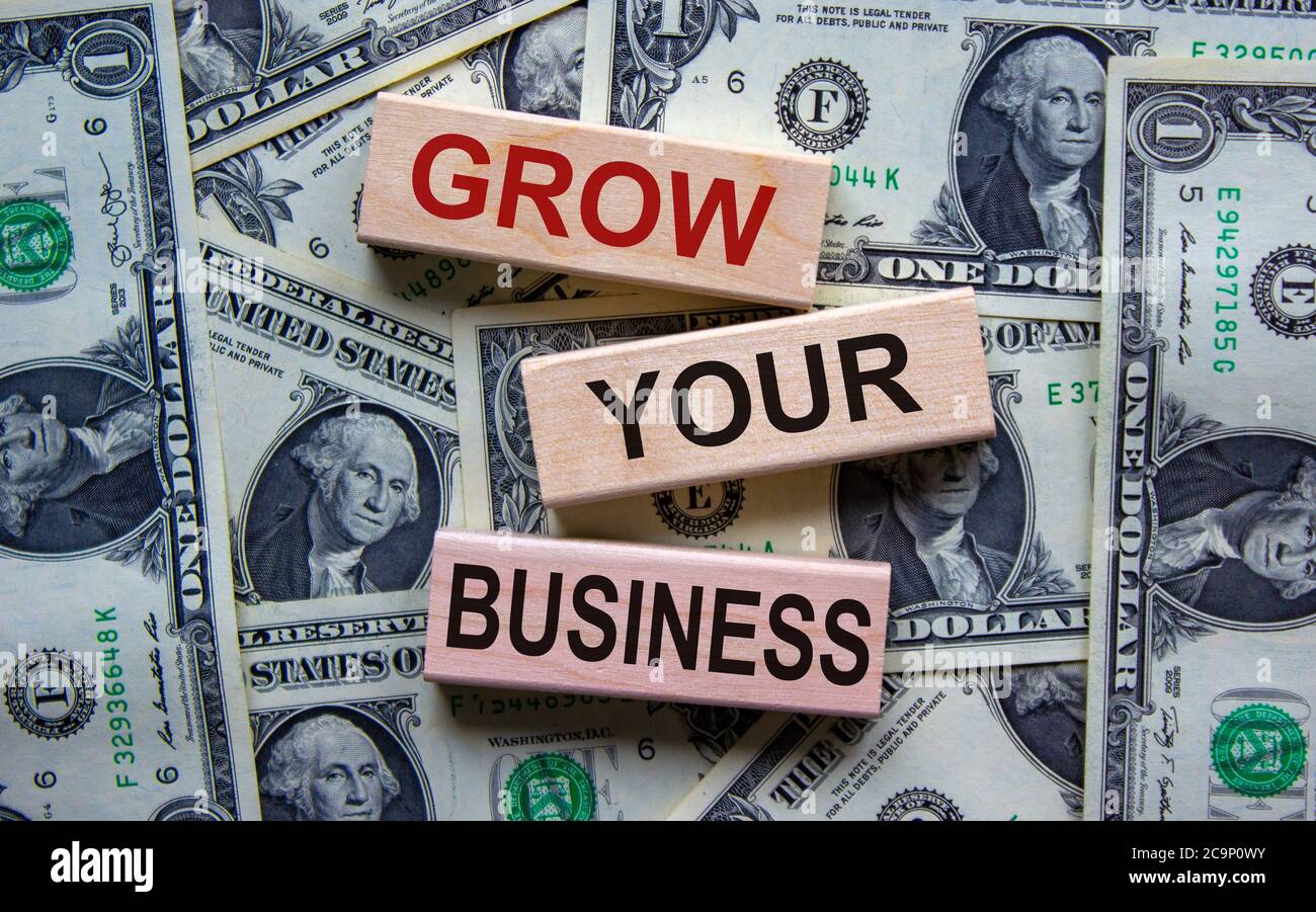 Testo di concetto 'Grow your business' su blocchi di legno su uno sfondo bello dalle fatture del dollaro. Foto Stock