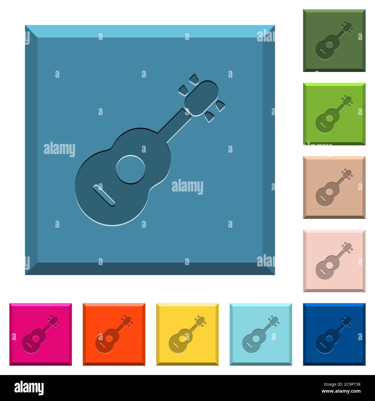 Icone di chitarra acustica incise su bottoni quadrati con bordi in vari colori alla moda Illustrazione Vettoriale