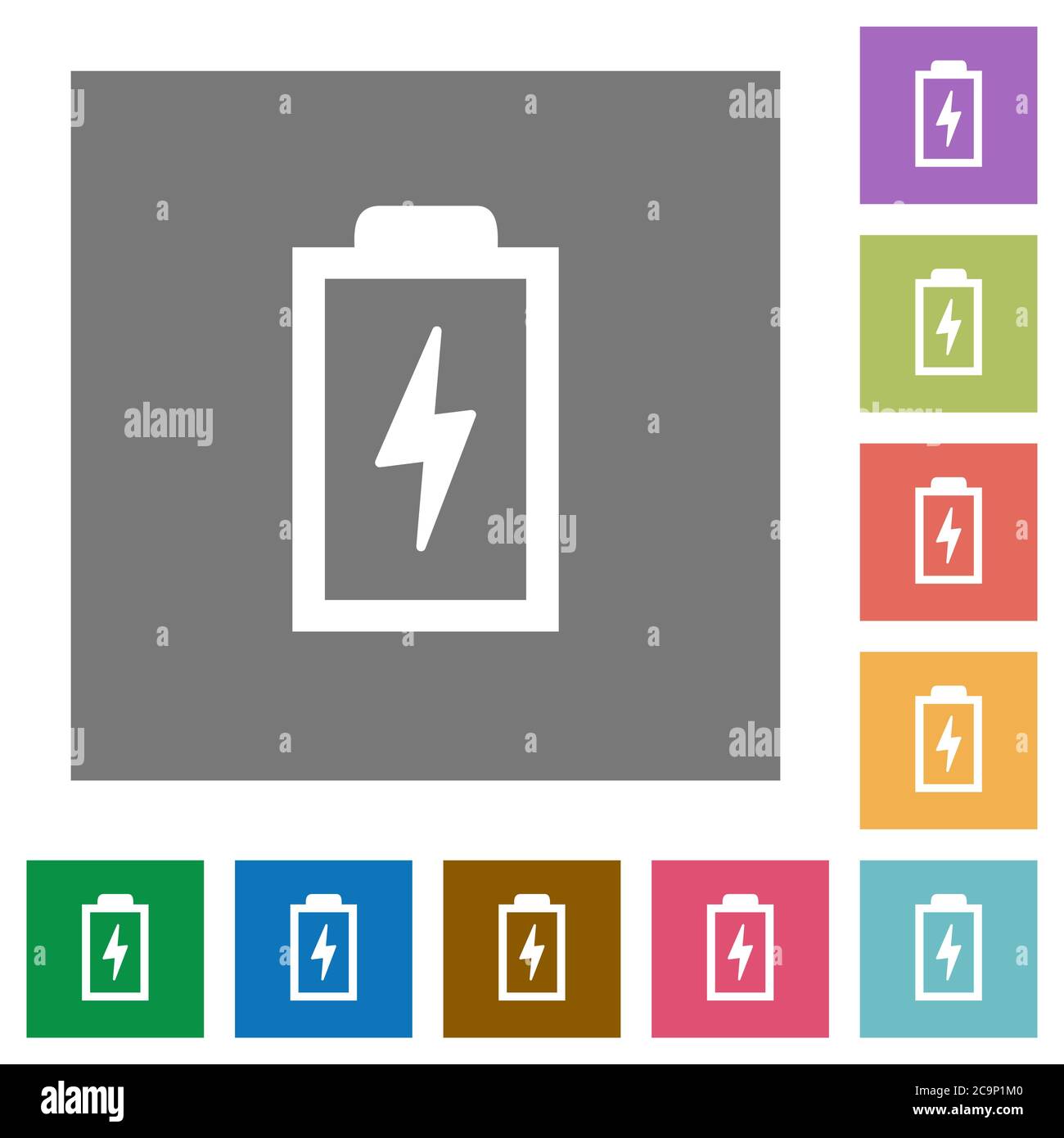 Batteria con icone piatte con simbolo di energia su sfondi quadrati di colore semplice Illustrazione Vettoriale