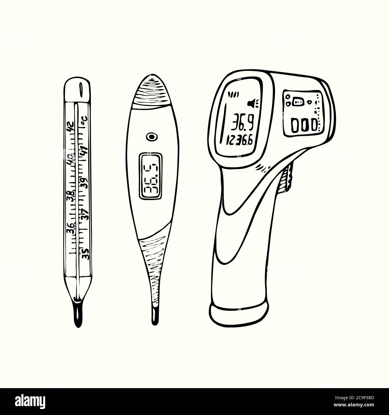 Termometro a mercurio, digitale e a infrarossi senza contatto per fronte, disegno a doodle disegnato a mano, illustrazione isolata Foto Stock