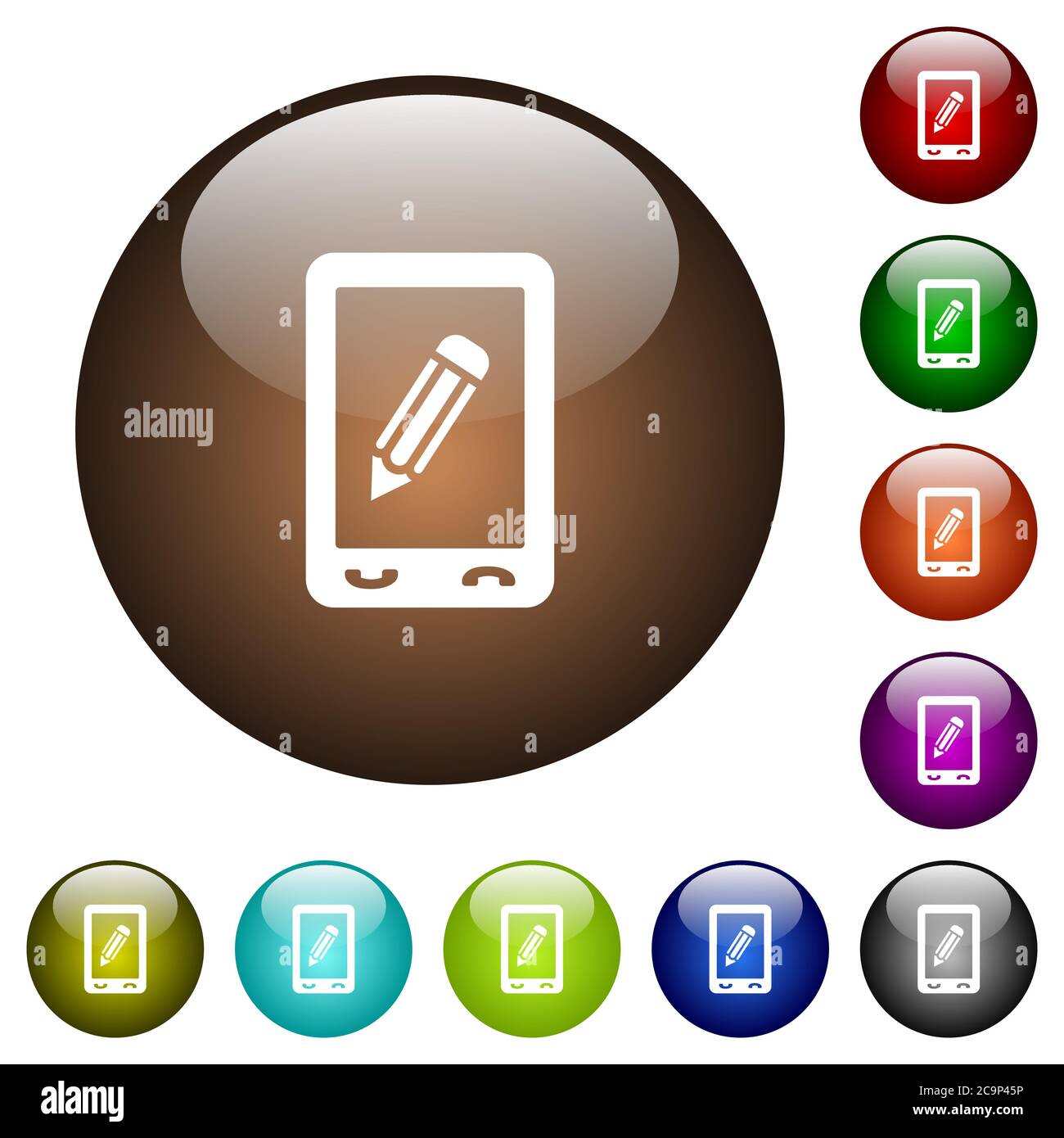 Icone bianche dei memo mobili sui pulsanti rotondi in vetro Illustrazione Vettoriale