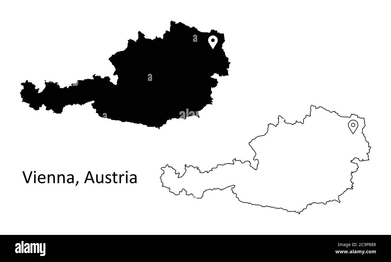 Vienna Austria. Mappa dettagliata del Paese con il pin della posizione della città capitale. Silhouette nera e mappe di contorno isolate su sfondo bianco. Vettore EPS Illustrazione Vettoriale