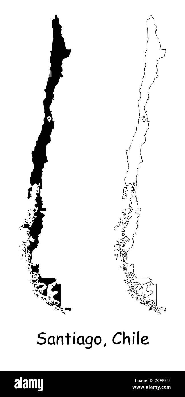 Santiago Cile. Mappa dettagliata del Paese con il pin della posizione sulla città capitale. Silhouette nera e mappe di contorno isolate su sfondo bianco. Vettore EPS Illustrazione Vettoriale