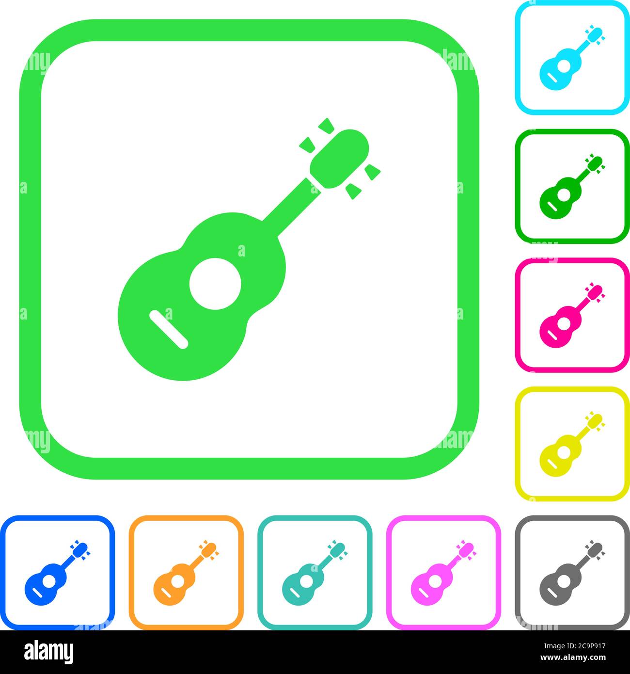 Chitarra acustica icone piatte colorate vivide con bordi curvi su sfondo bianco Illustrazione Vettoriale