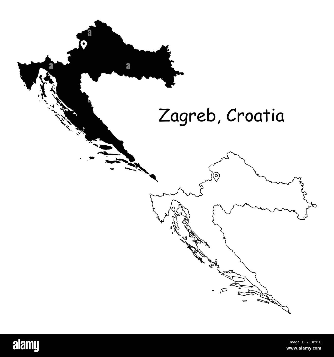 Zagabria Croazia. Mappa dettagliata del Paese con il pin della posizione sulla città capitale. Silhouette nera e mappe di contorno isolate su sfondo bianco. Vettore EPS Illustrazione Vettoriale