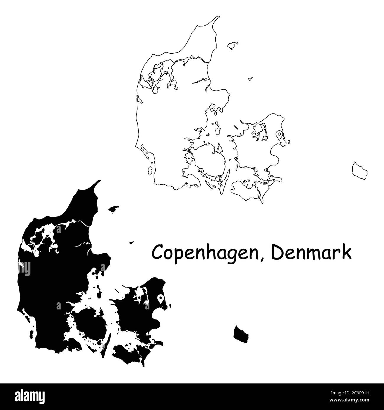 Copenaghen Danimarca. Mappa dettagliata del Paese con il pin della posizione sulla città capitale. Silhouette nera e mappe di contorno isolate su sfondo bianco. Vettore EPS Illustrazione Vettoriale