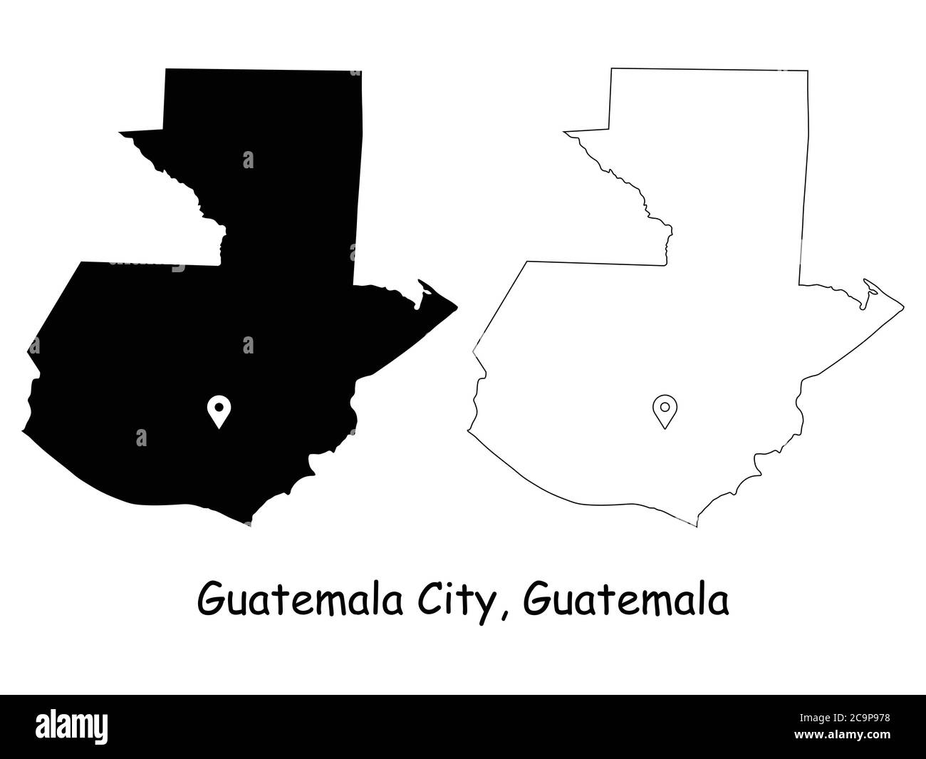 Guatemala City Guatemala. Mappa dettagliata del Paese con il pin della posizione sulla città capitale. Silhouette nera e mappe di contorno isolate su sfondo bianco. EPS Illustrazione Vettoriale