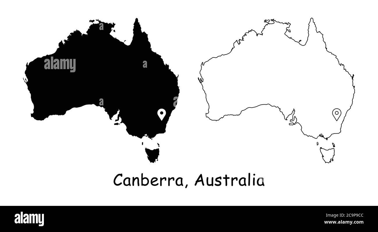 Canberra Australia. Mappa dettagliata del Paese con il pin della posizione della città capitale. Silhouette nera e mappe di contorno isolate su sfondo bianco. Vettore EPS Illustrazione Vettoriale