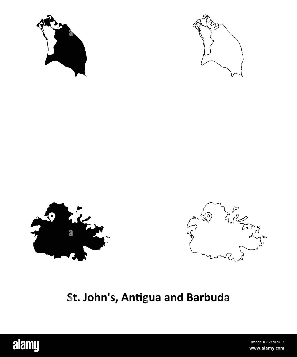 San Giovanni, Antigua e Barbuda. Mappa dettagliata del Paese con il pin della posizione della città capitale. Silhouette nera e mappe di contorno isolate su sfondo bianco. E Illustrazione Vettoriale