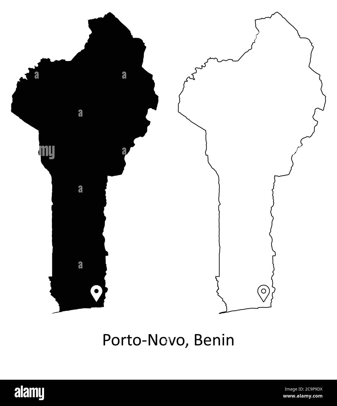 Porto-Novo Benin. Mappa dettagliata del Paese con il pin della posizione sulla città capitale. Silhouette nera e mappe di contorno isolate su sfondo bianco. Vettore EPS Illustrazione Vettoriale