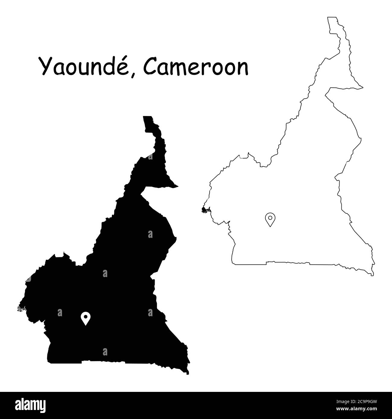 Yaounde Camerun. Mappa dettagliata del Paese con il pin della posizione sulla città capitale. Silhouette nera e mappe di contorno isolate su sfondo bianco. Vettore EPS Illustrazione Vettoriale