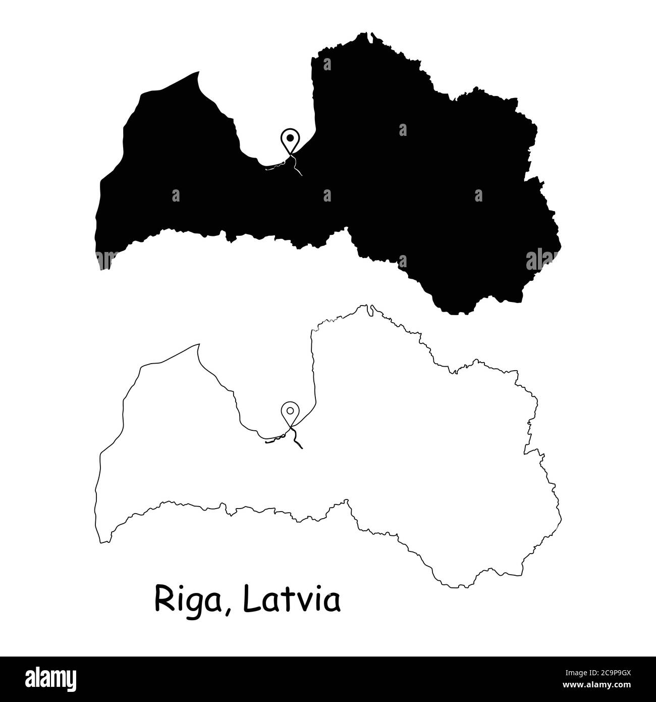 Riga Lettonia. Mappa dettagliata del Paese con il pin della posizione sulla città capitale. Silhouette nera e mappe di contorno isolate su sfondo bianco. Vettore EPS Illustrazione Vettoriale