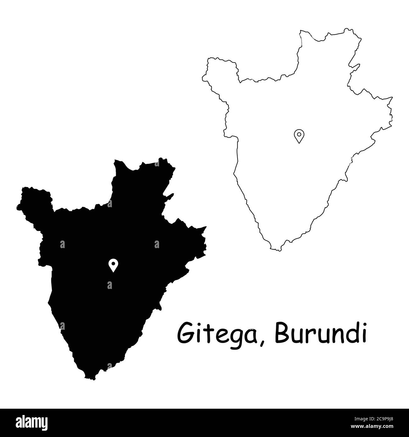 Gitega Burundi. Mappa dettagliata del Paese con il pin della posizione sulla città capitale. Silhouette nera e mappe di contorno isolate su sfondo bianco. Vettore EPS Illustrazione Vettoriale