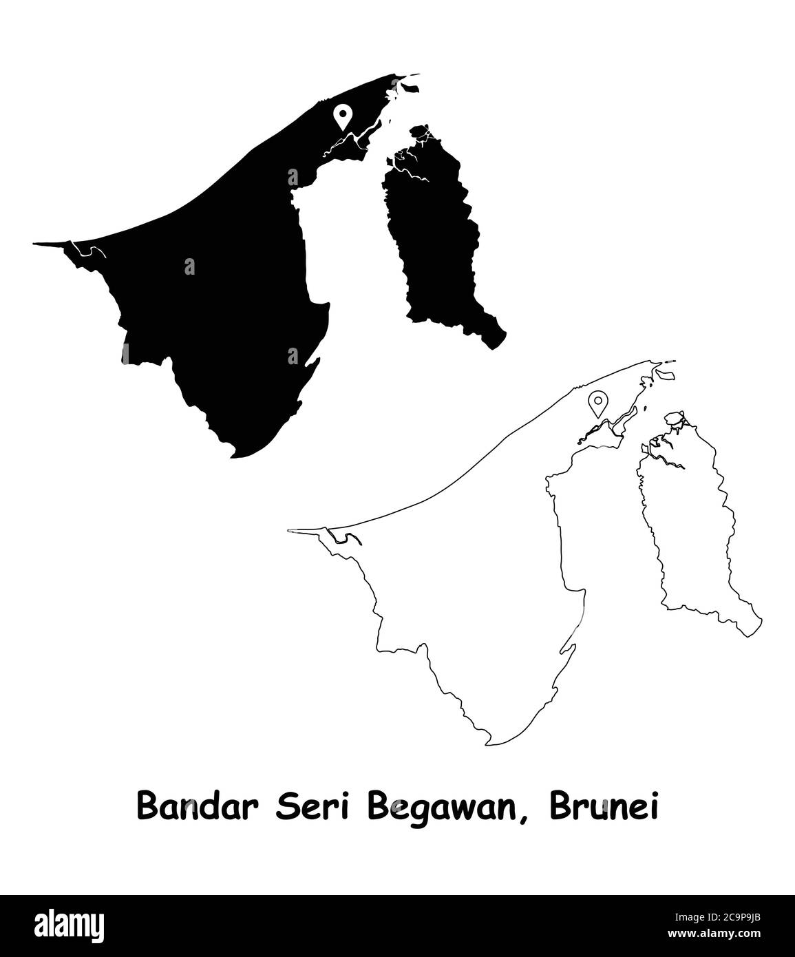 Bandar seri Begawan Brunei. Mappa dettagliata del Paese con il pin della posizione sulla città capitale. Silhouette nera e mappe di contorno isolate su sfondo bianco. EP Illustrazione Vettoriale