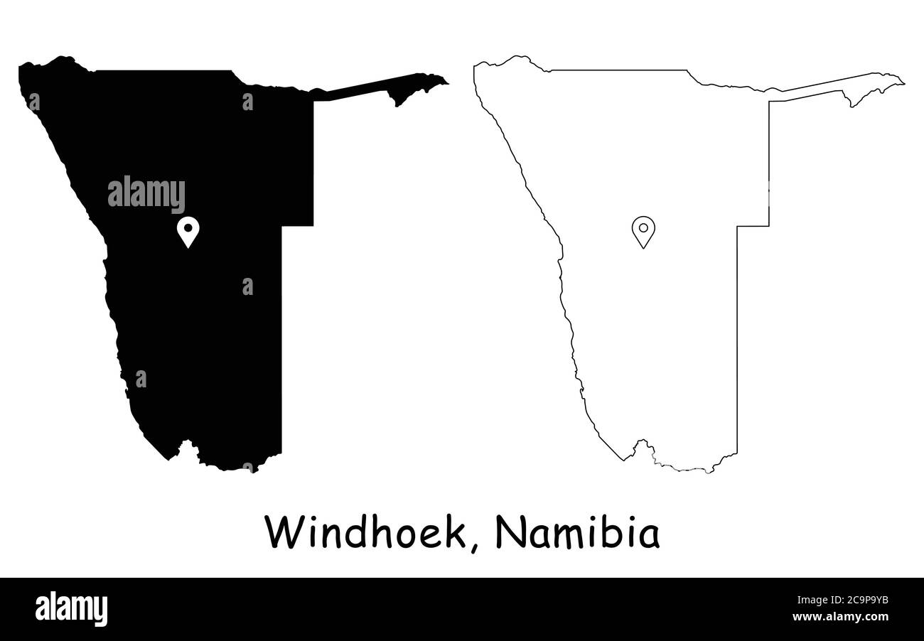 Windhoek, Namibia. Mappa dettagliata del Paese con il pin della posizione sulla città capitale. Silhouette nera e mappe di contorno isolate su sfondo bianco. Vettore EPS Illustrazione Vettoriale