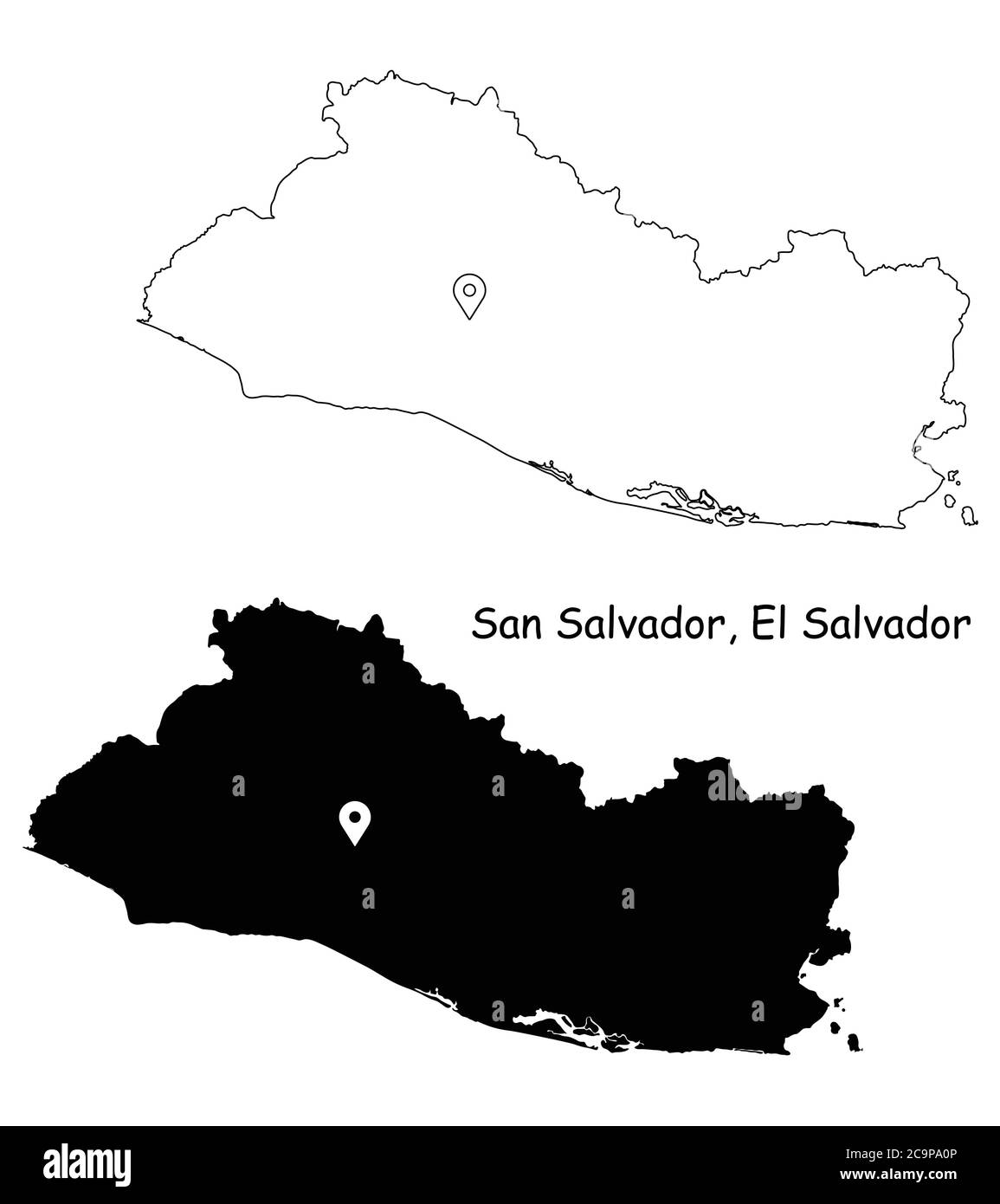 San Salvador El Salvador. Mappa dettagliata del Paese con il pin della posizione sulla città capitale. Silhouette nera e mappe di contorno isolate su sfondo bianco. EPS Illustrazione Vettoriale