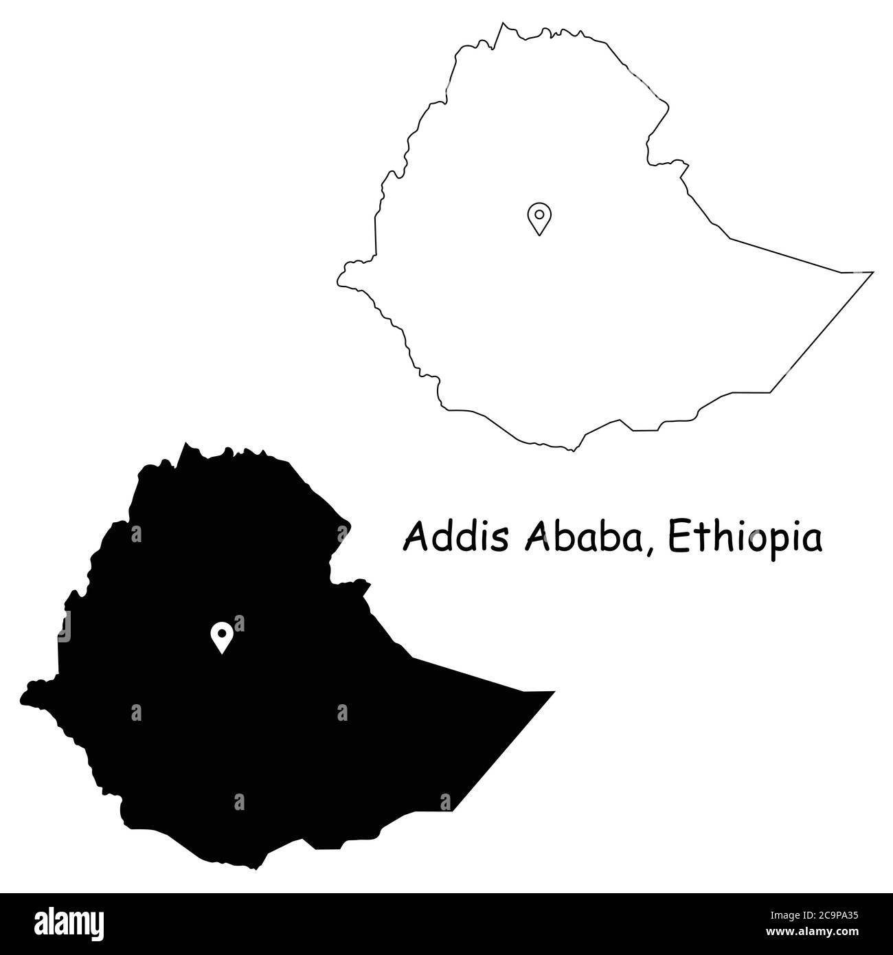 Addis Abeba Etiopia. Mappa dettagliata del Paese con pin sulla città capitale silhouette nera e mappe di contorno isolate su sfondo bianco EPS Vector Illustrazione Vettoriale