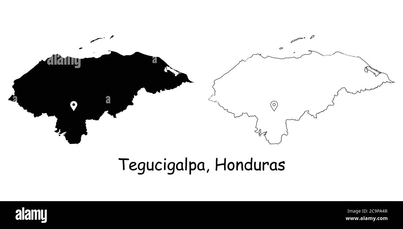 Tegucigalpa Honduras. Mappa dettagliata del Paese con il pin della posizione sulla città capitale. Silhouette nera e mappe di contorno isolate su sfondo bianco. EPS Vect Illustrazione Vettoriale