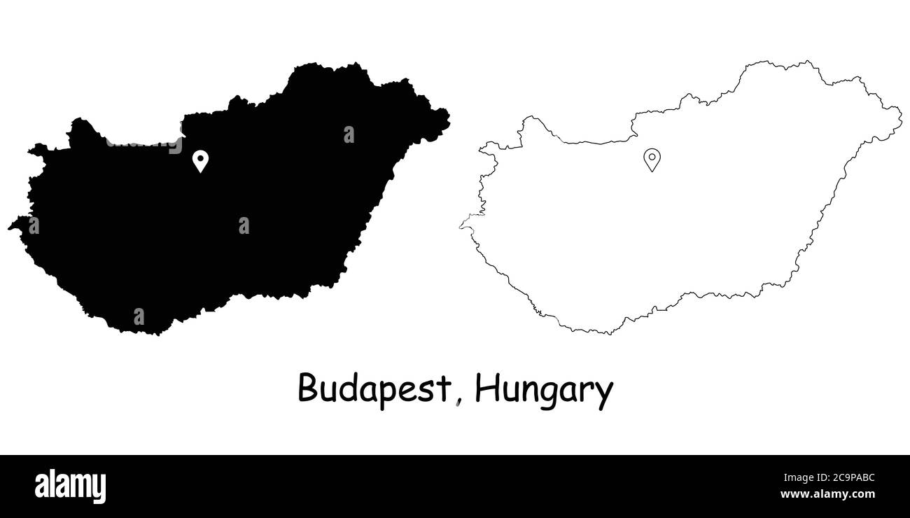 Budapest Ungheria. Mappa dettagliata del Paese con il pin della posizione sulla città capitale. Silhouette nera e mappe di contorno isolate su sfondo bianco. Vettore EPS Illustrazione Vettoriale
