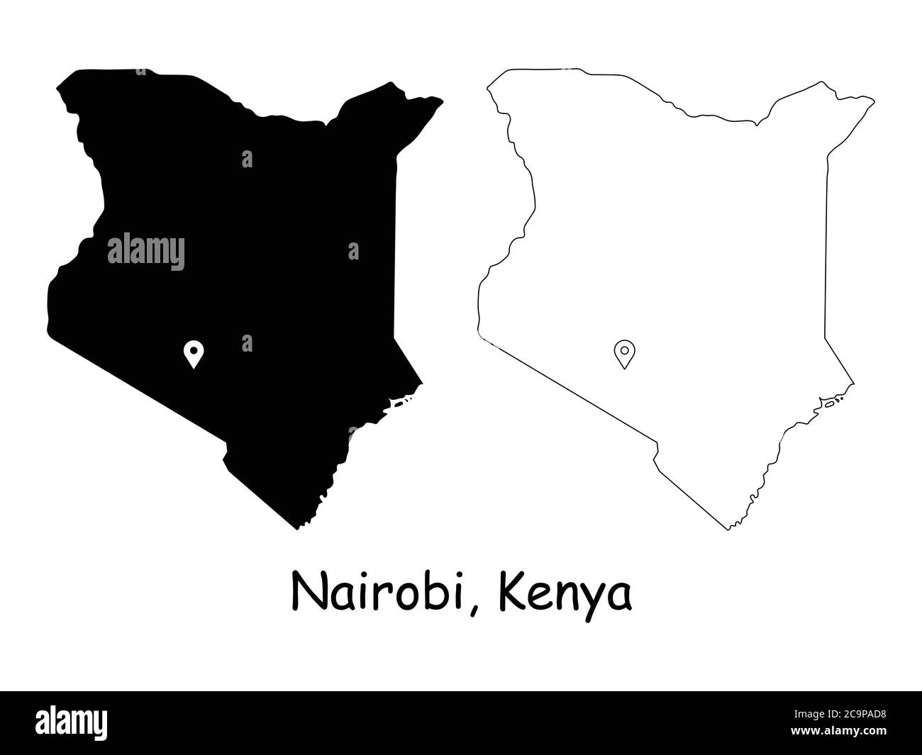 Nairobi Kenya. Mappa dettagliata del Paese con il pin della posizione sulla città capitale. Silhouette nera e mappe di contorno isolate su sfondo bianco. Vettore EPS Illustrazione Vettoriale