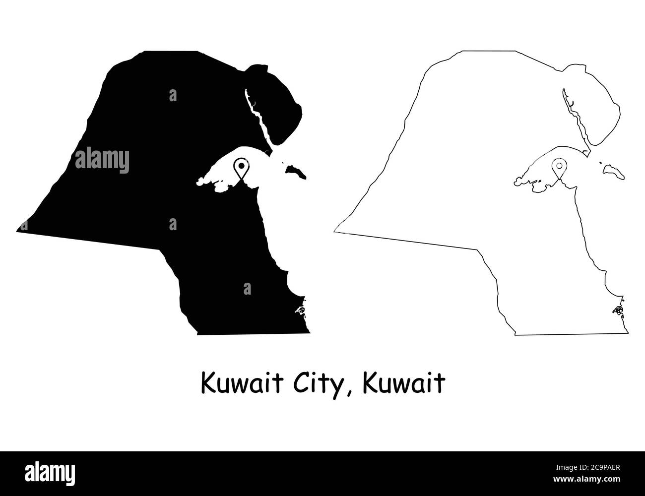 Kuwait Città Kuwait. Mappa dettagliata del Paese con il pin della posizione sulla città capitale. Silhouette nera e mappe di contorno isolate su sfondo bianco. Vettore EPS Illustrazione Vettoriale