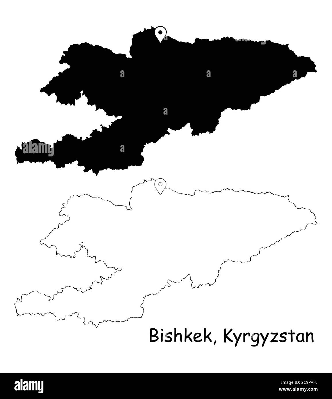 Bishkek Kirghizistan. Mappa dettagliata del Paese con il pin della posizione sulla città capitale. Silhouette nera e mappe di contorno isolate su sfondo bianco. Vettore EPS Illustrazione Vettoriale