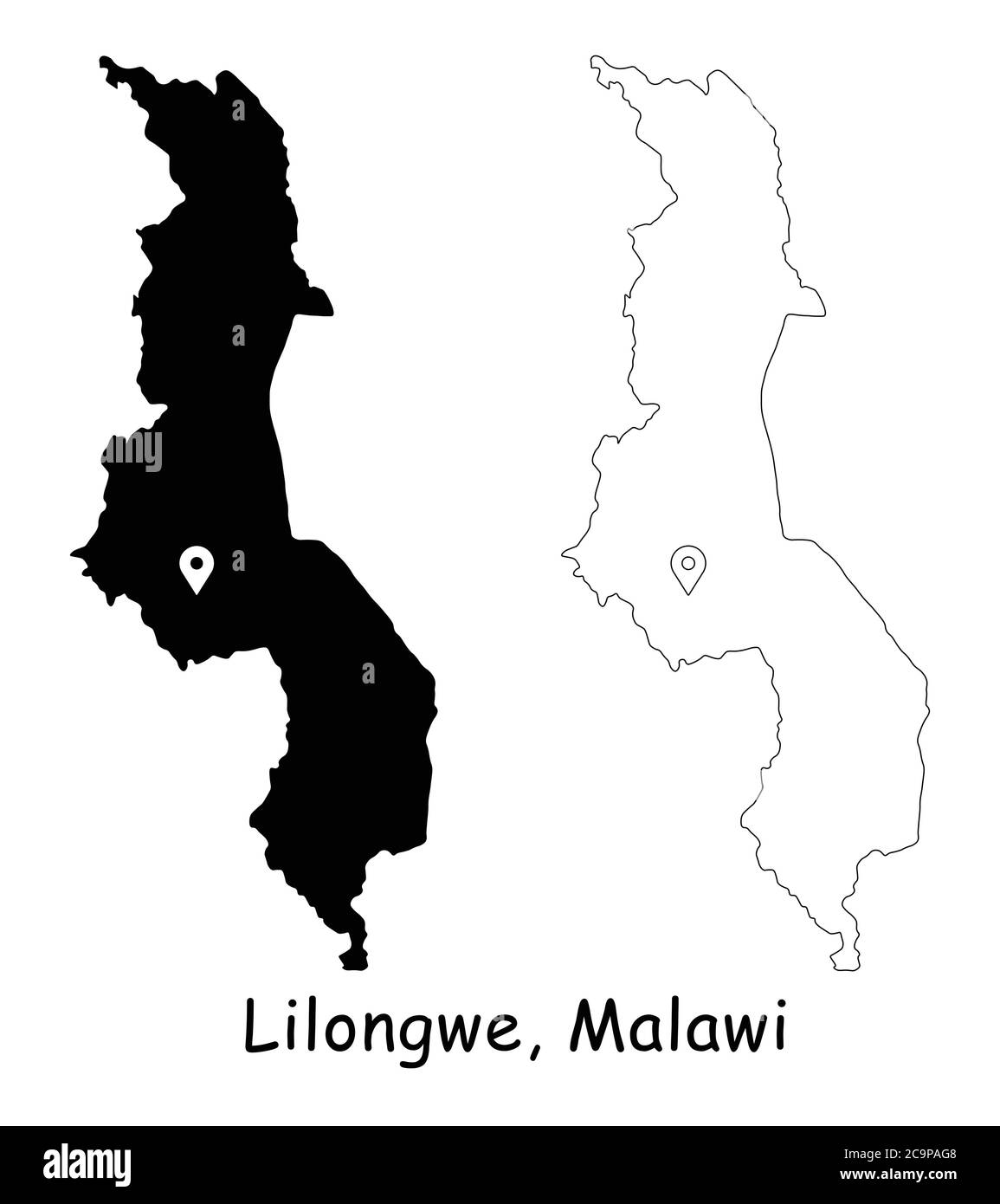 Lilongwe Malawi. Mappa dettagliata del Paese con il pin della posizione sulla città capitale. Silhouette nera e mappe di contorno isolate su sfondo bianco. Vettore EPS Illustrazione Vettoriale