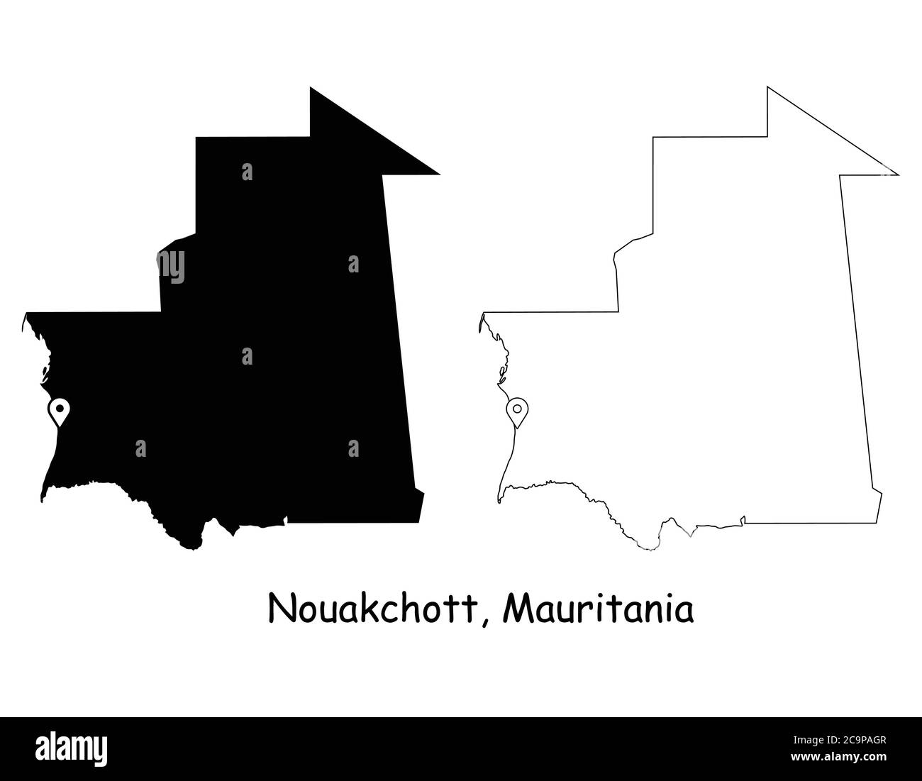 Nouakchott, Mauritania. Mappa dettagliata del Paese con il pin della posizione sulla città capitale. Silhouette nera e mappe di contorno isolate su sfondo bianco. EPS Ve Illustrazione Vettoriale