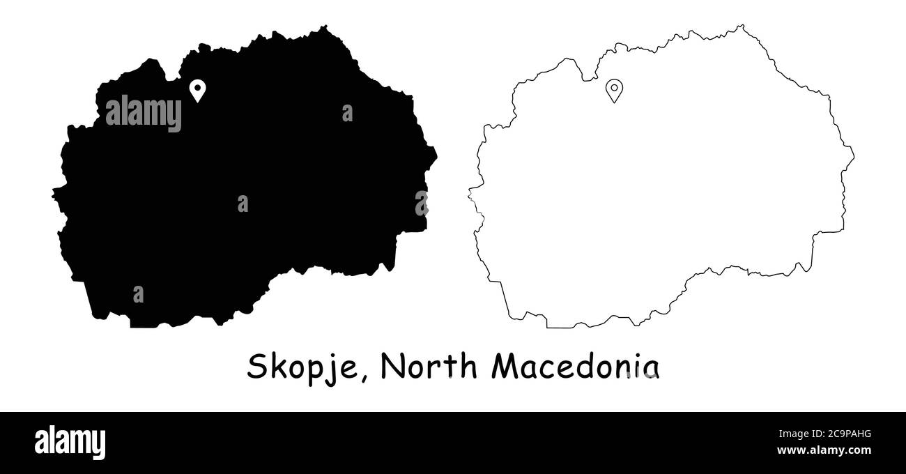 Skopje, Macedonia del Nord. Mappa dettagliata del Paese con il pin della posizione sulla città capitale. Silhouette nera e mappe di contorno isolate su sfondo bianco. V EPS Illustrazione Vettoriale
