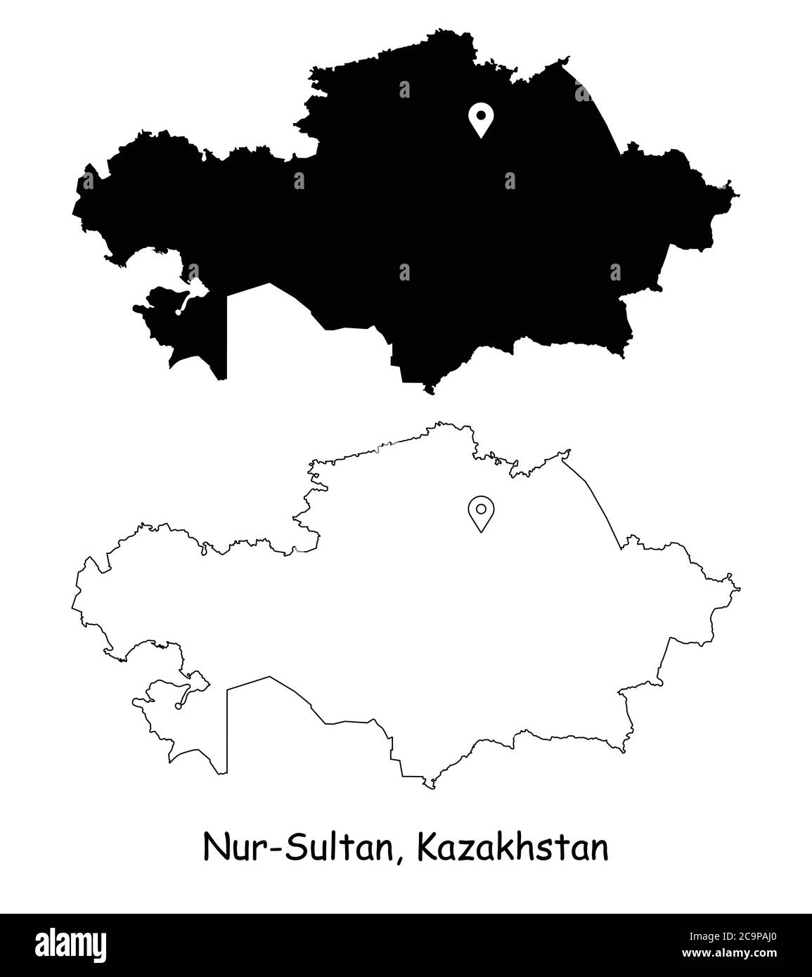Nur Sultan Kazakhstan. Mappa dettagliata del Paese con il pin della posizione sulla città capitale. Silhouette nera e mappe di contorno isolate su sfondo bianco. VEC. EPS Illustrazione Vettoriale